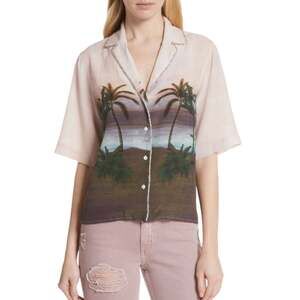 Sandro Paris Pink Embellished Tropical Hawaiian Button Down Top